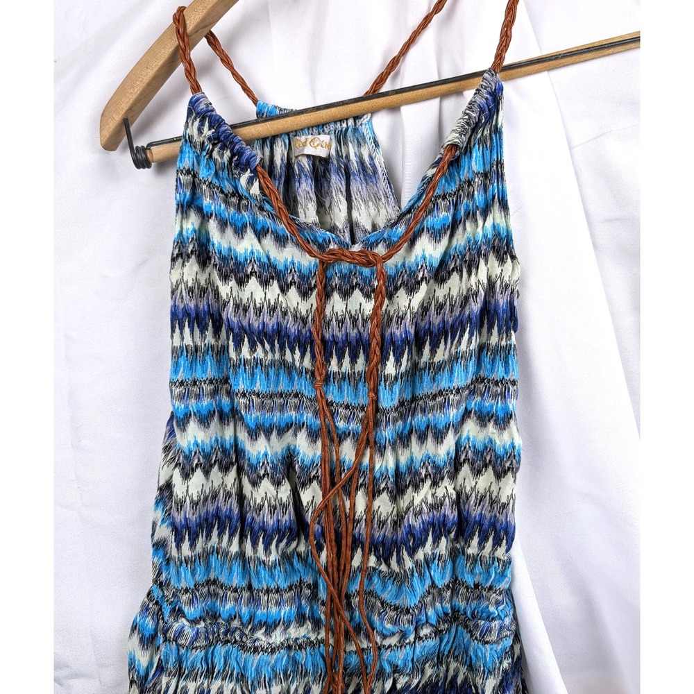 Boho Geometric Print Fitted Jumpsuit Blue White Smocked Waist Sz L/XL